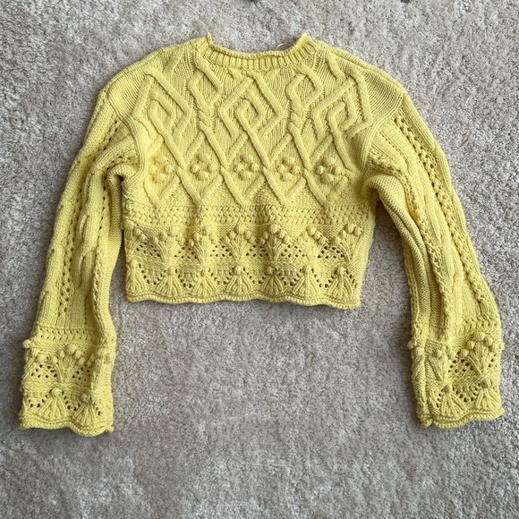 ZARA Pom Pom Knit Openwork Crocket Cropped Sweater Womens Yellow Size L Large - Picture 6 of 6